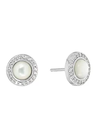 Boxed Sterling Silver Mother of Pearl and White Topaz Halo Stud Earrings