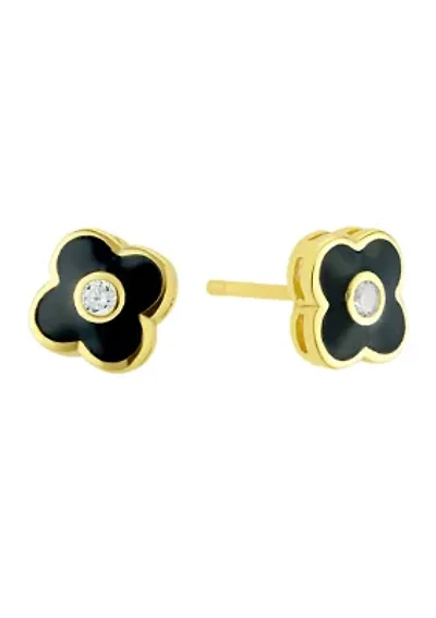 Boxed Black Enamel Clover with Cubic Zirconia Center Stud Earrings