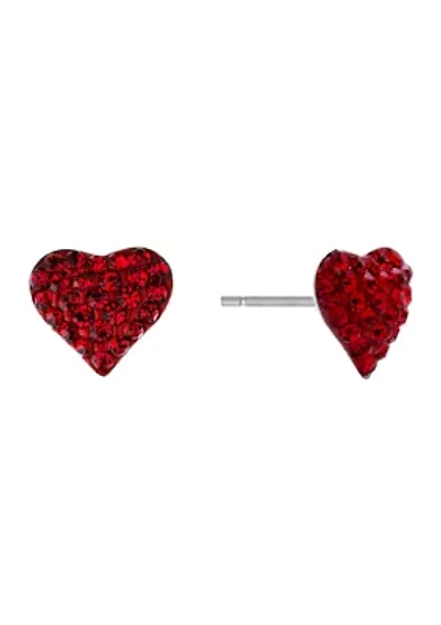 Boxed Sterling Silver Pink Crystal Pavé Heart Stud Earrings