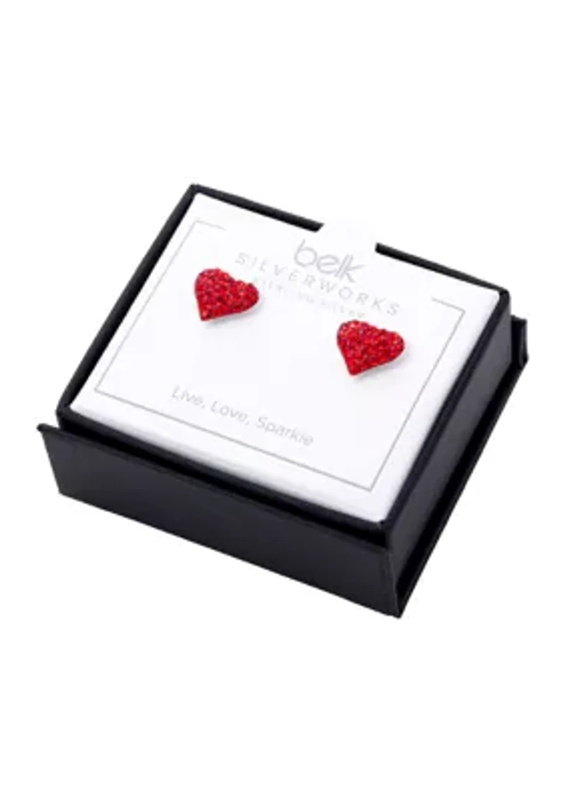 Boxed Sterling Silver Pink Crystal Pavé Heart Stud Earrings