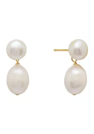 Sterling Silver 8 Millimeter Button and 12.5 Millimeter Potato Freshwater Pearl Post Drop Earrings - Boxed