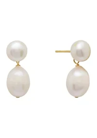 Sterling Silver 8 Millimeter Button and 12.5 Millimeter Potato Freshwater Pearl Post Drop Earrings - Boxed