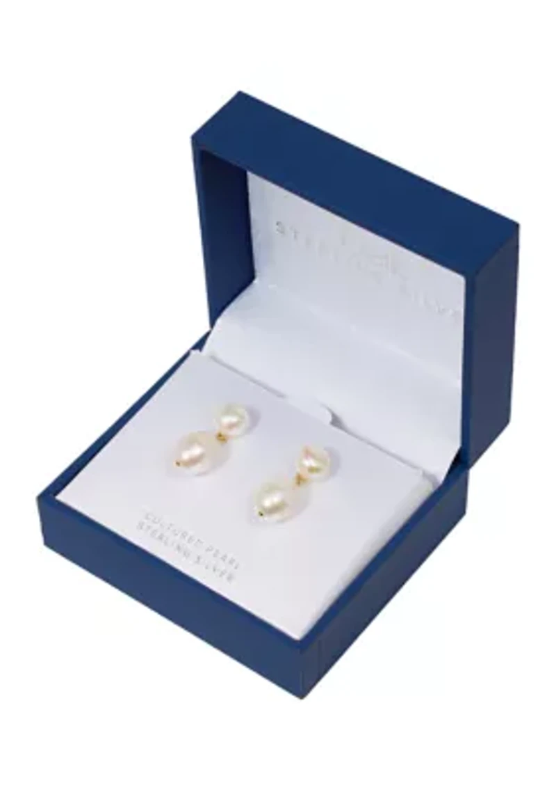 Sterling Silver 8 Millimeter Button and 12.5 Millimeter Potato Freshwater Pearl Post Drop Earrings - Boxed