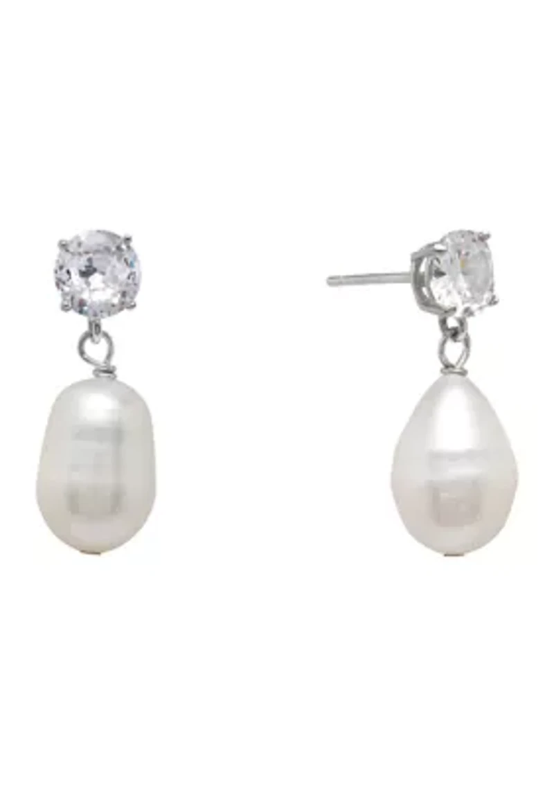 Sterling Silver Freshwater Pearl and Cubic Zirconia Drop Earrings - Boxed