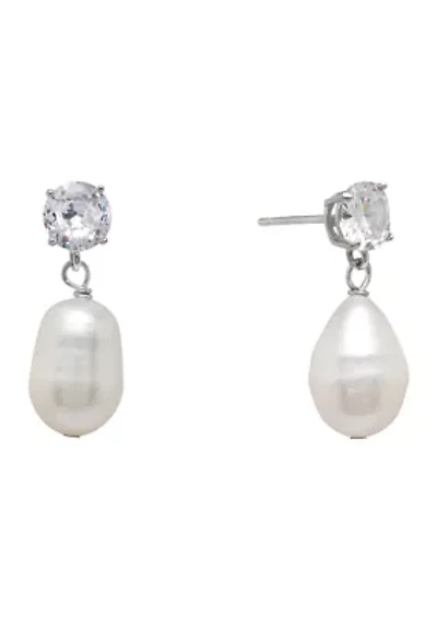 Sterling Silver Freshwater Pearl and Cubic Zirconia Drop Earrings - Boxed