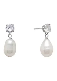 Sterling Silver Freshwater Pearl and Cubic Zirconia Drop Earrings - Boxed