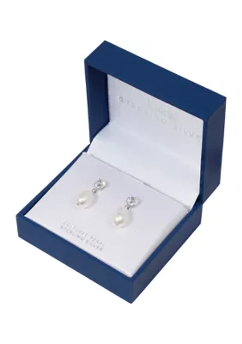 Sterling Silver Freshwater Pearl and Cubic Zirconia Drop Earrings - Boxed