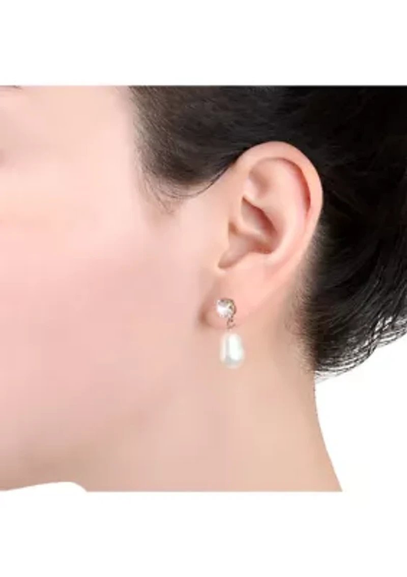 Sterling Silver Freshwater Pearl and Cubic Zirconia Drop Earrings - Boxed