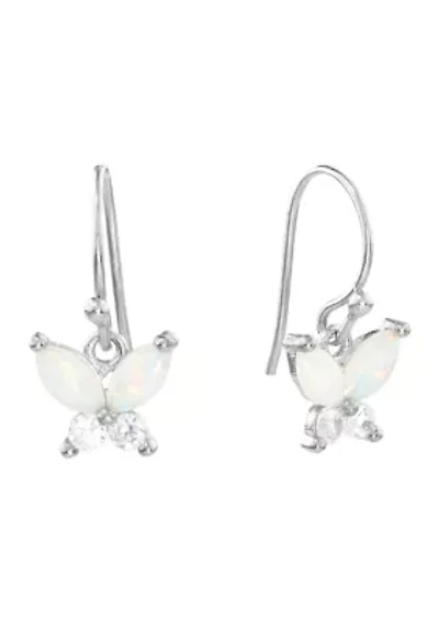 Boxed Sterling Silver Simulated Opal and White Topaz Butterfly Drop Earrings
