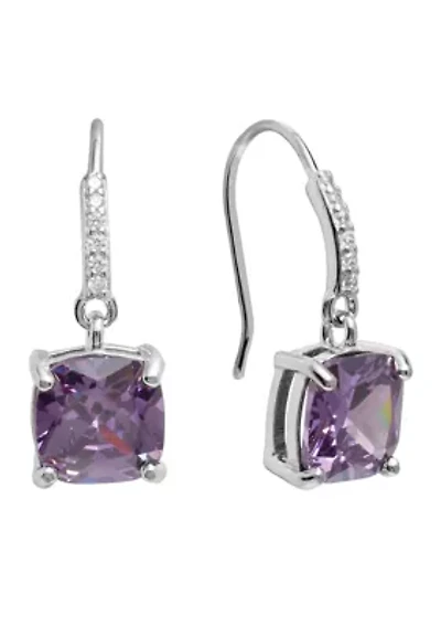 Boxed Sterling Silver Crystal Square with Cubic Zirconia Drop Earrings