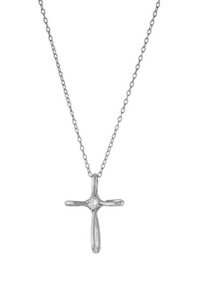 Boxed Sterling Silver 18" Cross with Cubic Zirconia Center Accent Pendant Necklace