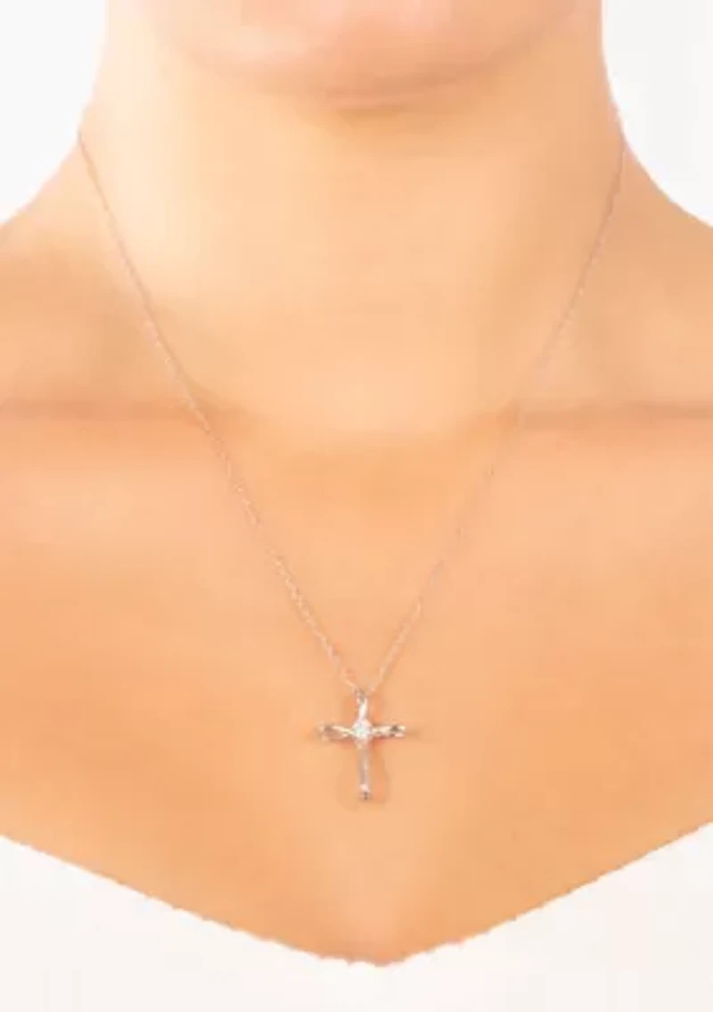 Boxed Sterling Silver 18" Cross with Cubic Zirconia Center Accent Pendant Necklace