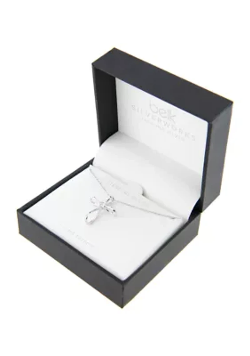 Boxed Sterling Silver 18" Cross with Cubic Zirconia Center Accent Pendant Necklace