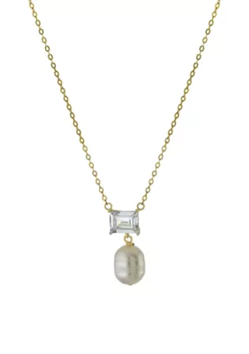 Boxed Gold Over Sterling Silver 16" + 2" Emerald-Cut Cubic Zirconia with Freshwater Pearl Drop Necklace