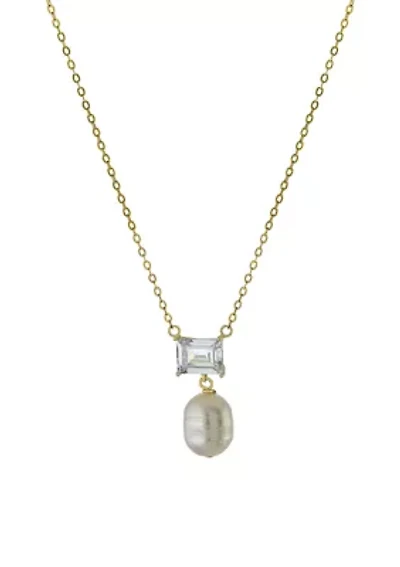 Boxed Gold Over Sterling Silver 16" + 2" Emerald-Cut Cubic Zirconia with Freshwater Pearl Drop Necklace