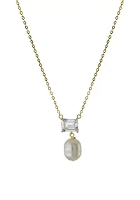 Boxed Gold Over Sterling Silver 16" + 2" Emerald-Cut Cubic Zirconia with Freshwater Pearl Drop Necklace