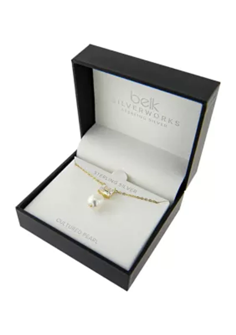 Boxed Gold Over Sterling Silver 16" + 2" Emerald-Cut Cubic Zirconia with Freshwater Pearl Drop Necklace
