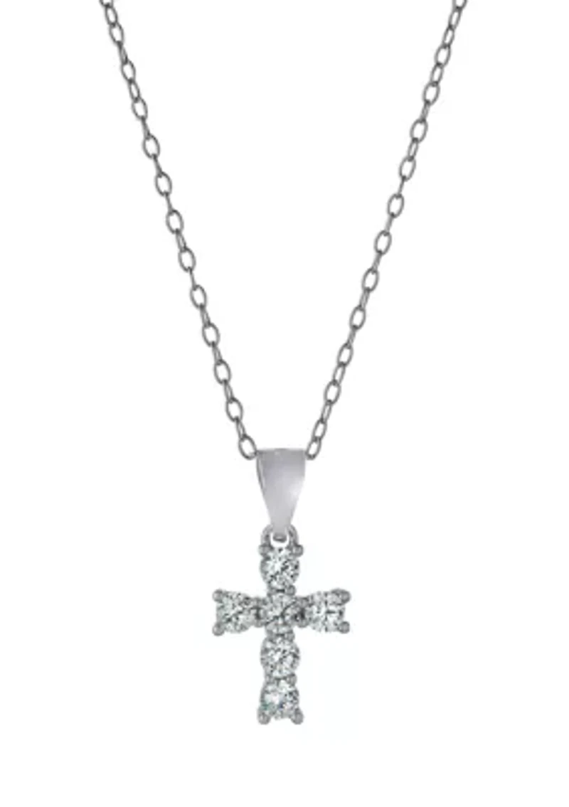 Boxed Sterling Silver 18 Inch Cubic Zirconia Cross Pendant Necklace