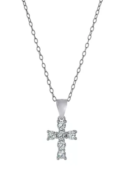 Boxed Sterling Silver 18 Inch Cubic Zirconia Cross Pendant Necklace