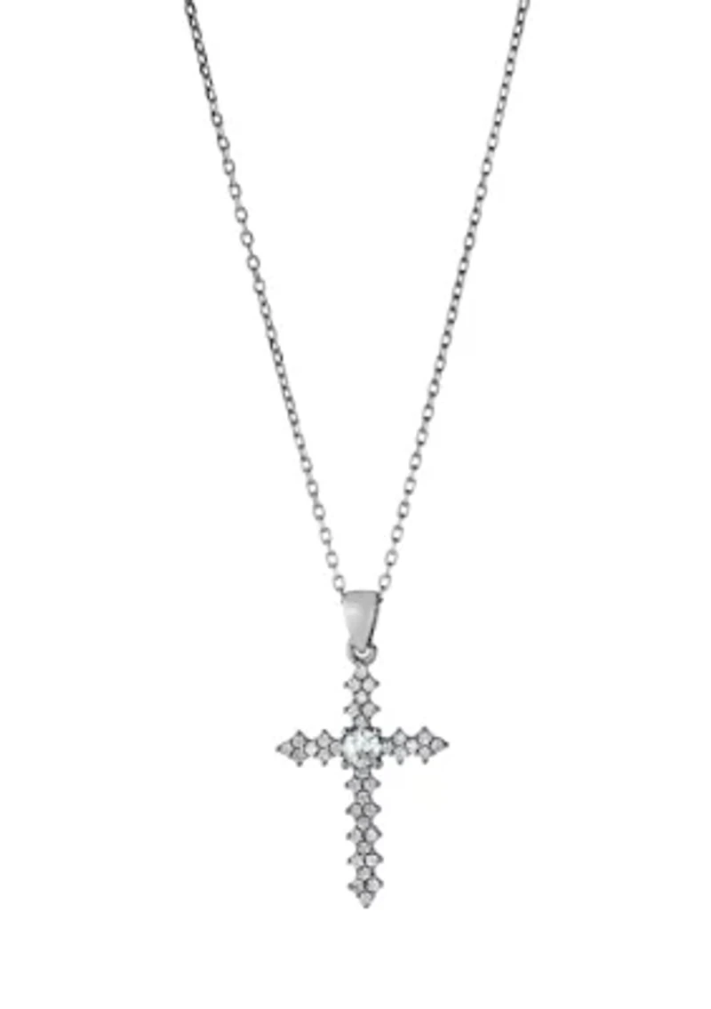 Boxed Sterling Silver 16 + 2 Inch Cubic Zirconia Fancy Cross Pendant Necklace