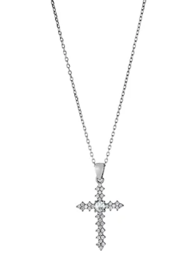 Boxed Sterling Silver 16 + 2 Inch Cubic Zirconia Fancy Cross Pendant Necklace