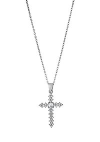 Boxed Sterling Silver 16 + 2 Inch Cubic Zirconia Fancy Cross Pendant Necklace