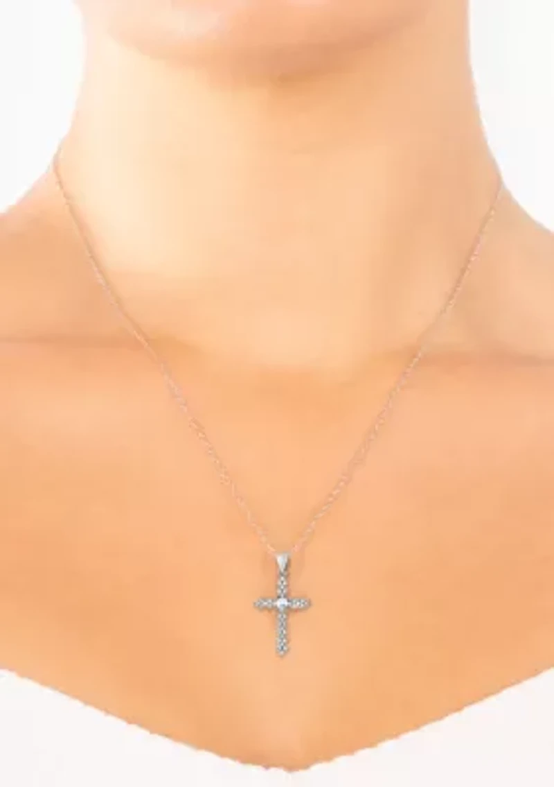 Boxed Sterling Silver 16 + 2 Inch Cubic Zirconia Fancy Cross Pendant Necklace