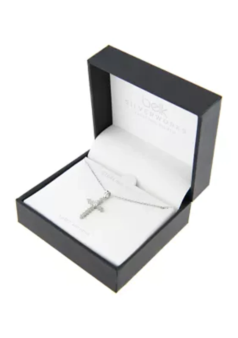 Boxed Sterling Silver 16 + 2 Inch Cubic Zirconia Fancy Cross Pendant Necklace