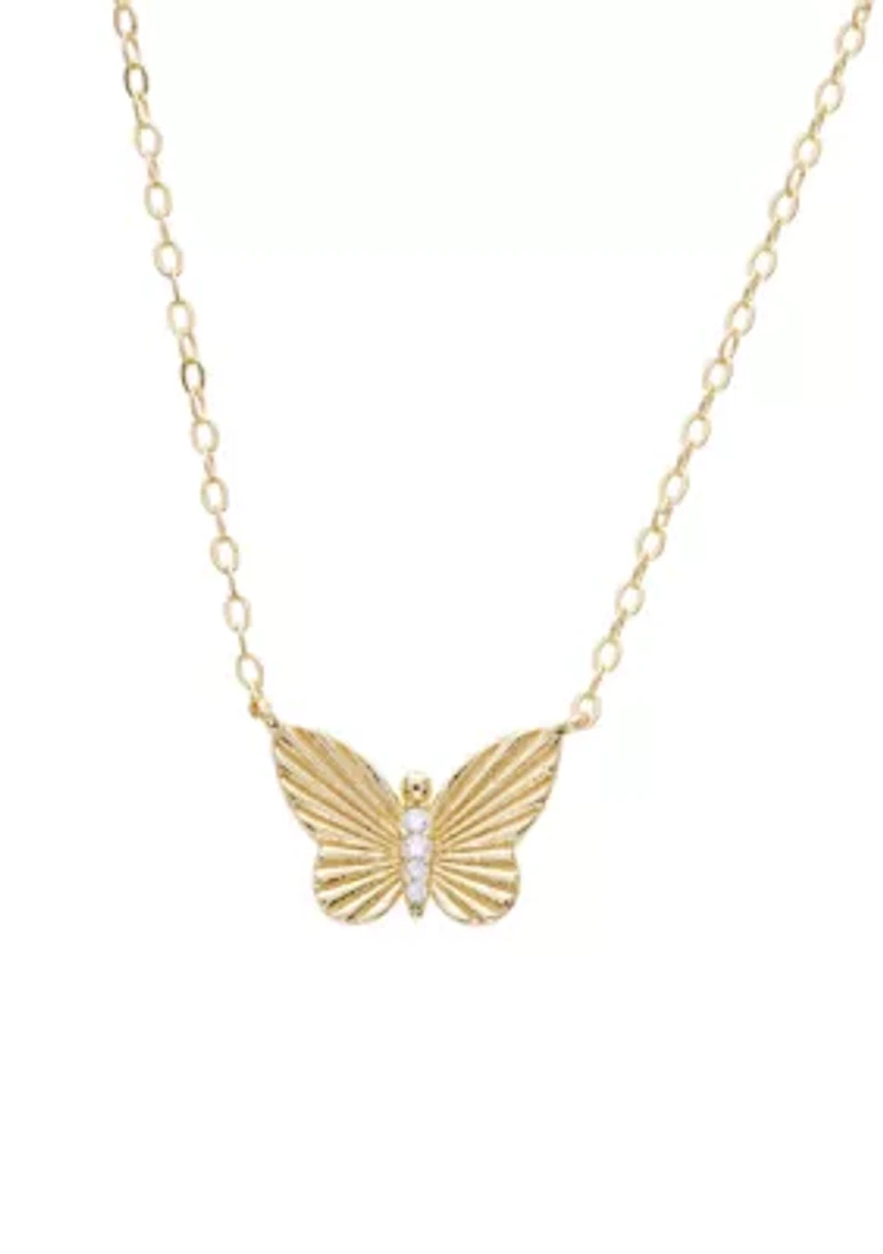 Gold Over Sterling Silver Cubic Zirconia Butterfly Fluted Necklace