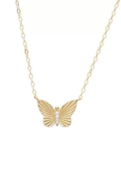 Gold Over Sterling Silver Cubic Zirconia Butterfly Fluted Necklace