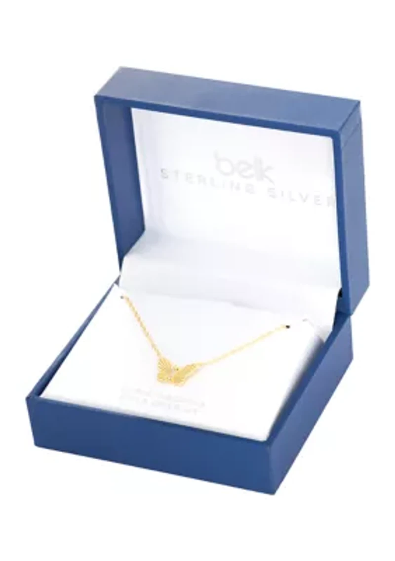 Gold Over Sterling Silver Cubic Zirconia Butterfly Fluted Necklace