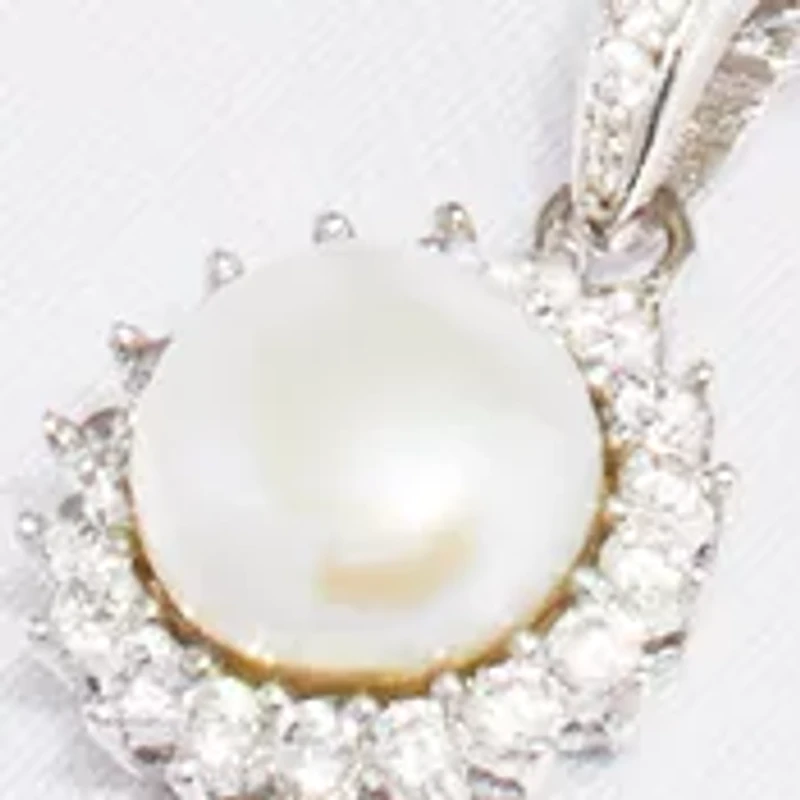 Boxed Freshwater Pearl with Cubic Zirconia Border Pendant Necklace