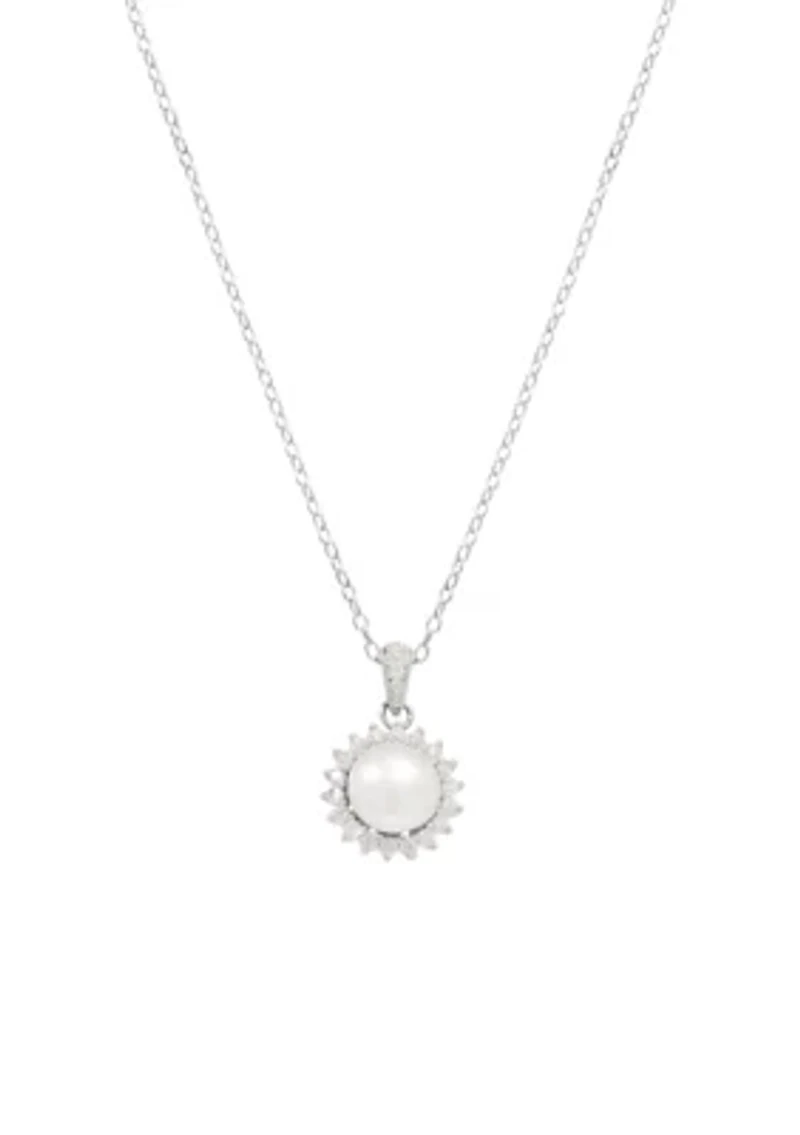 Boxed Freshwater Pearl with Cubic Zirconia Border Pendant Necklace
