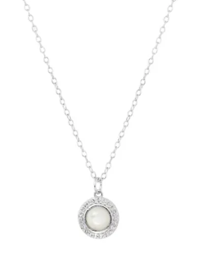 Boxed Sterling Silver Round Mother of Pearl and White Topaz Halo Pendant Necklace