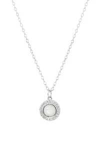 Boxed Sterling Silver Round Mother of Pearl and White Topaz Halo Pendant Necklace