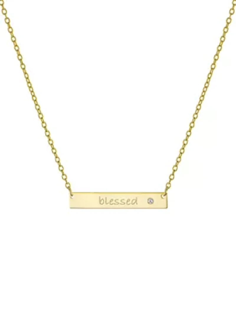 Boxed Sterling Silver 16" + 2" Cubic Zirconia Blessed Bar Necklace or Gold