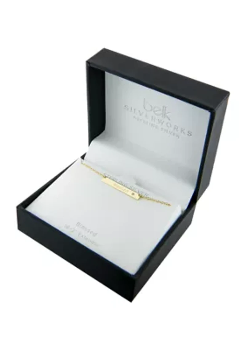 Boxed Sterling Silver 16" + 2" Cubic Zirconia Blessed Bar Necklace or Gold