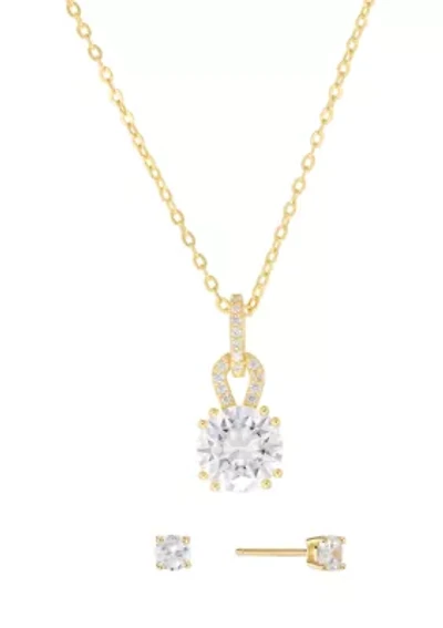 Plated Cubic Zirconia Vintage Inspired Pendant and 5mm Stud Earring Set
