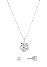 Silver Plated Cubic Zirconia Flower Necklace and Stud Earring Set