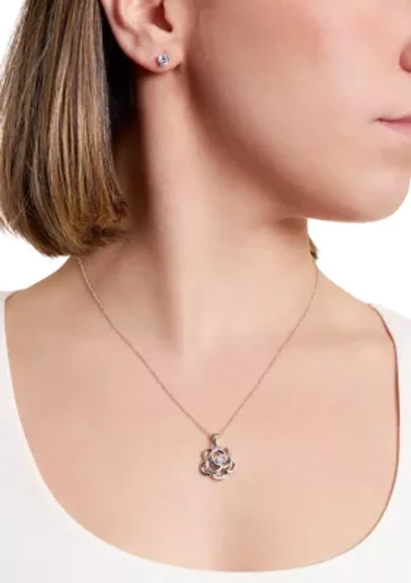 Silver Plated Cubic Zirconia Flower Necklace and Stud Earring Set