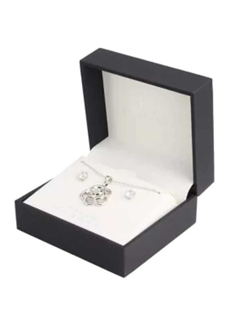 Silver Plated Cubic Zirconia Flower Necklace and Stud Earring Set