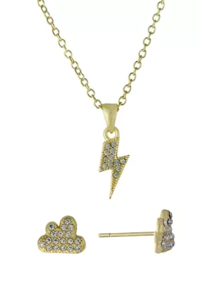 Boxed Gold Over Fine Silver Plated 16+2" Crystal Pavé Lightning Bolt Pendant Necklace and Cloud Stud Earrings Set