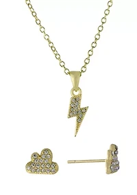 Boxed Gold Over Fine Silver Plated 16+2" Crystal Pavé Lightning Bolt Pendant Necklace and Cloud Stud Earrings Set