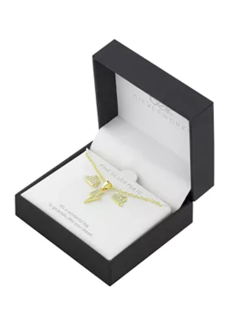 Boxed Gold Over Fine Silver Plated 16+2" Crystal Pavé Lightning Bolt Pendant Necklace and Cloud Stud Earrings Set