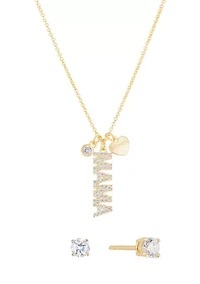 Gold Plated Cubic Zirconia 'Mama' Heart Charm Necklace and Stud Earring Set