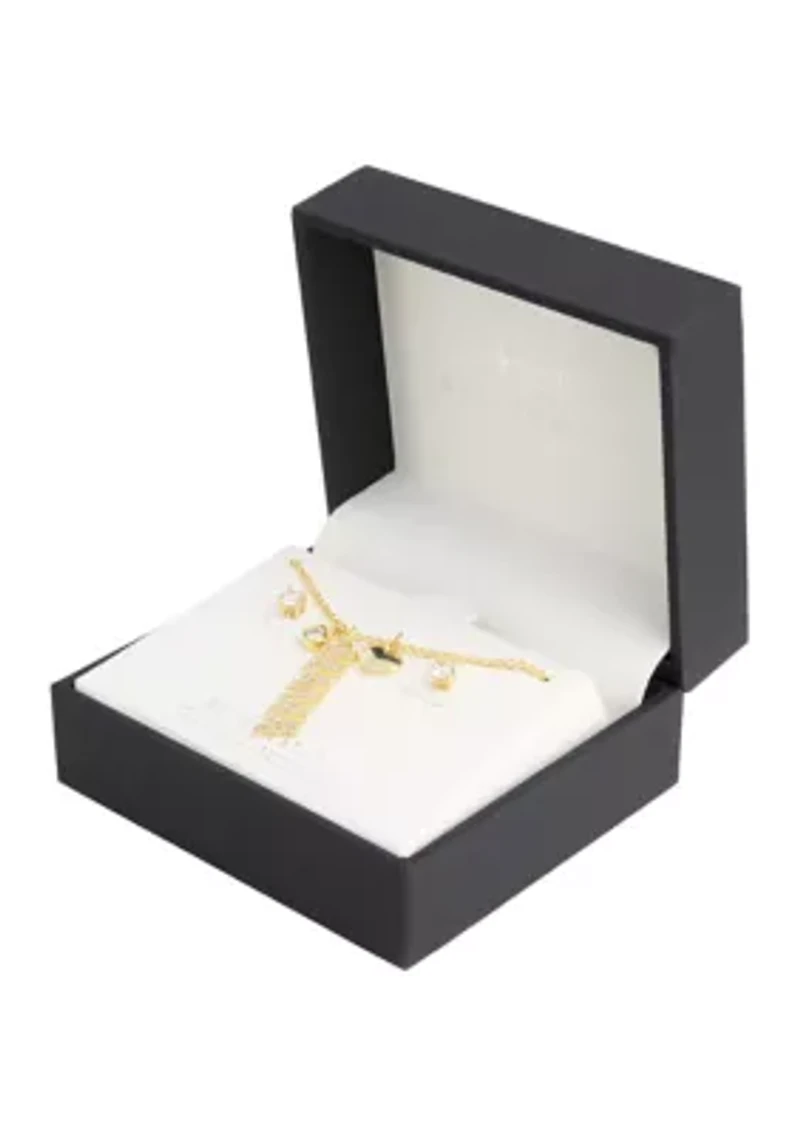 Gold Plated Cubic Zirconia 'Mama' Heart Charm Necklace and Stud Earring Set