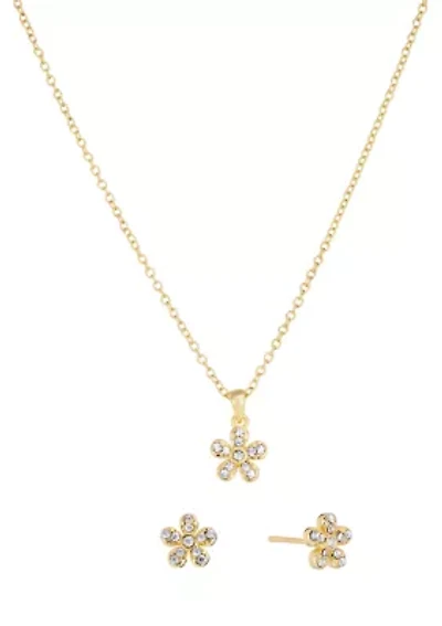 Gold Plated Cubic Zirconia Pave Daisy Flower Earring and Necklace Set