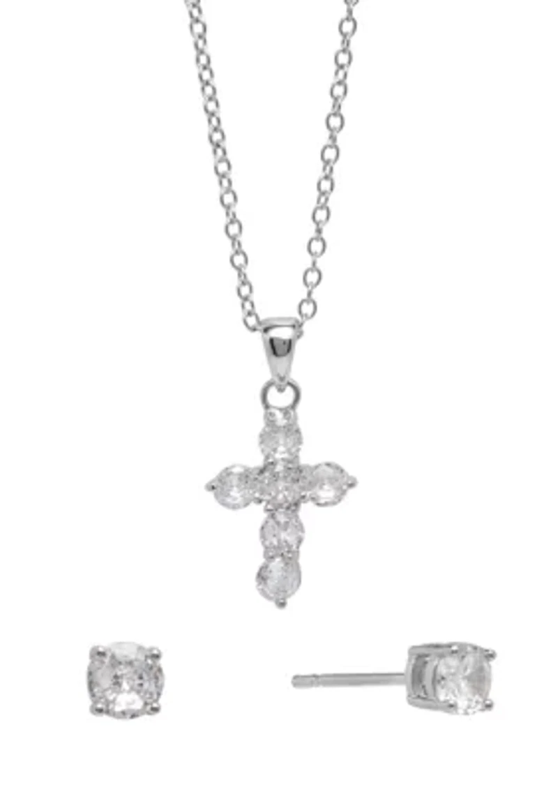 Silver Plated 18" Crystal Cross Necklace and 4 Millimeter Crystal Stud Earring Set - Boxed
