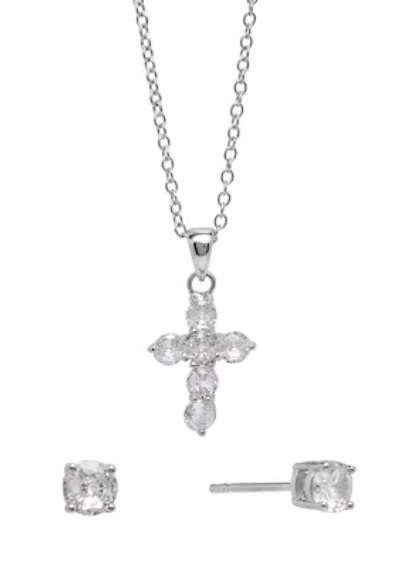 Silver Plated 18" Crystal Cross Necklace and 4 Millimeter Crystal Stud Earring Set - Boxed