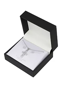 Silver Plated 18" Crystal Cross Necklace and 4 Millimeter Crystal Stud Earring Set - Boxed